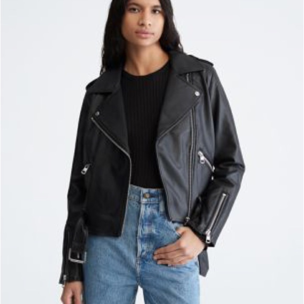 Calvin Klein Faux Leather Asymmetrical Zipper Blazer Motorcycle Jacket